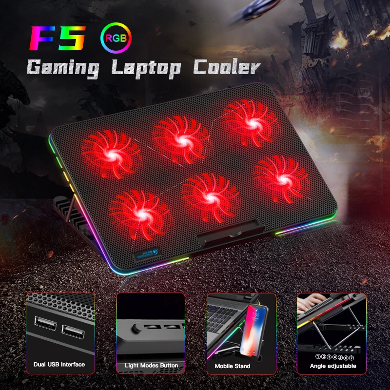 Coolcold RGB-Beleuchtung, Gaming-Stil, 6 Lüfter, LED-Bildschirm, 12–15,6 Zoll Laptop-Kühlpad mit Handyhalter Image
