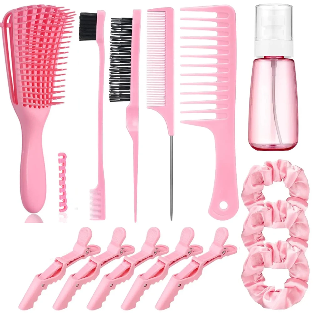 2025 Neues 14-teiliges Haarbürsten-Set mit Slick Back, Borsten-Haarbürste mit Sprühflasche, Haarspange, Kantenbürste für Frauen (Rosa) Image
