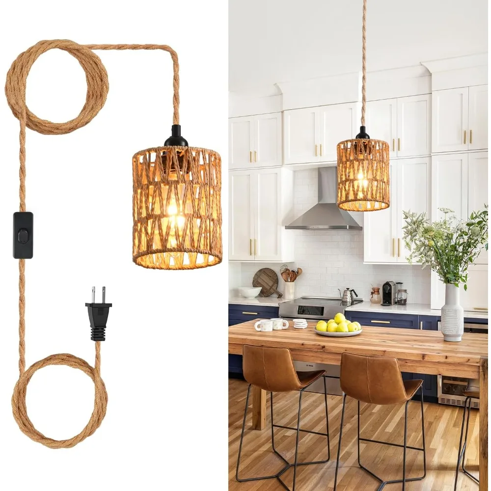 Boho Plug-in-Pendelleuchte, Rattan-Hängeleuchte mit Kordel, Hanfseil, Bauernhaus-Hängelampe für Esszimmer, Nachttisch, Restaurant
