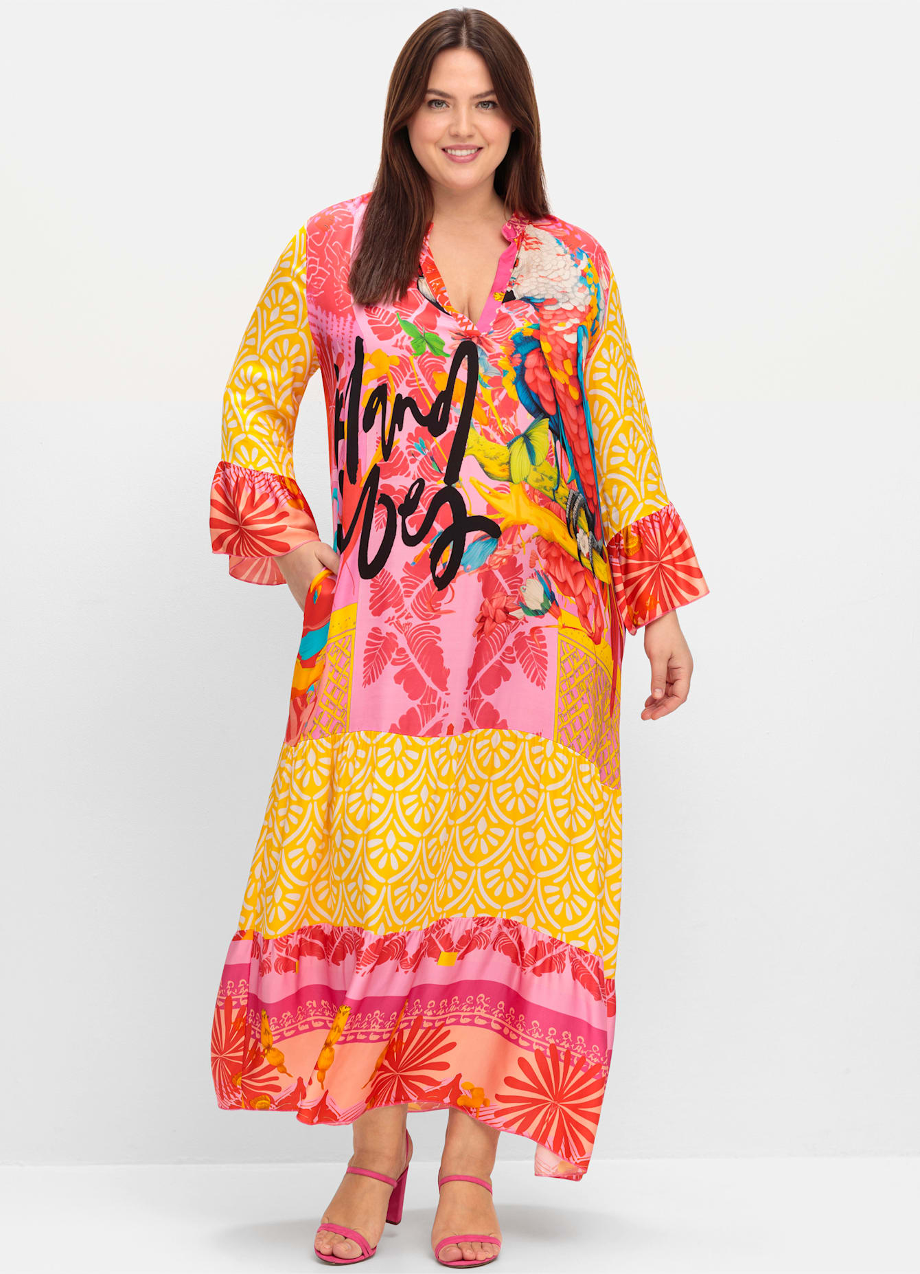Maxikleid "Maxikleid", Damen, Gr. 44, Normalgrößen, rosa (pink gemustert), 100% Viskose, bedruckt, gemustert, mehrfarbig, lang, V-Ausschnitt, Kleider Image