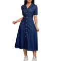 Femmes Robe Midi Robe en jean Robe Chemise Robe Décontractée Mode Moderne Extérieur Quotidien Sortir Coupe régulière Uni Manche Courte Col de chemise Bleu de minuit Printemps Automne