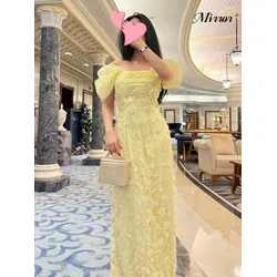 Robe miroir élégante Vintage fleurs jaunes douces dentelle hors de l'épaule personnaliser Occasion formelle robe de bal robes de soirée