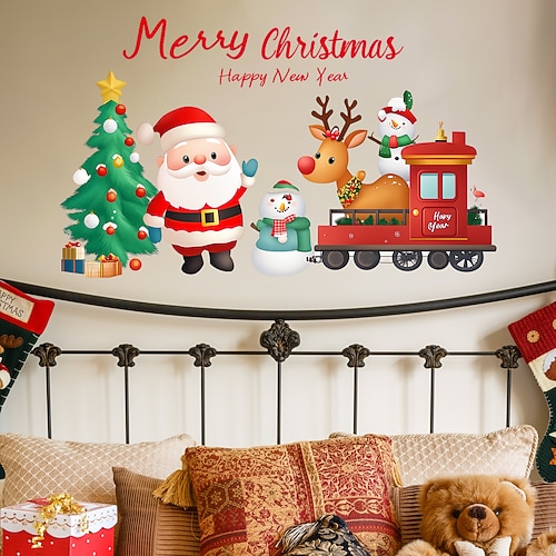 Weihnachtsaufkleber-Wandaufkleber, Cartoon-Weihnachtsmann, Rentier, Schneemann, Zug, abnehmbares Vinyl-Wandbild, Weihnachtsfeier, Schlafzimmer, Nachttisch, Hintergrund, Wanddekoration für Image