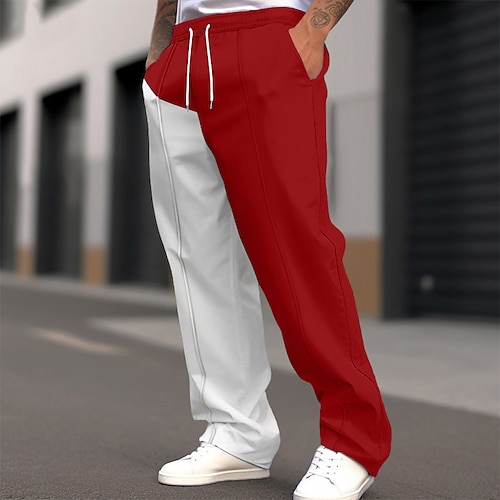 Herren Jogginghose Jogginghose mit weitem Bein Hose Baggy-Hosen Kordelzug Elastischer Bund Gerader Schnitt Farbblock Atmungsaktiv Volle Länge Outdoor Lässig Täglich Mode Streetwear Schwarz Rote Image