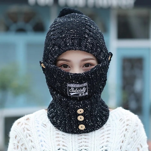 Strickmütze mit Ohrenschützern für Damen, Winter, warmes, mit Fleece gefüttertes Beanie-Schal-Set, verdickte Strickmütze, abnehmbare Gesichtsmaske, Outdoor-Radsport-Zubehör für kaltes Wetter Image