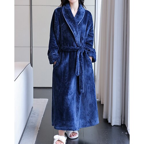 Damen Schlafanzug Robe Flanell Mode Lässig Einfarbig Tasche Urlaub Heim Bett Langarm V Ausschnitt Schwarz Weiß Wein Marineblau Grau Herbst Winter Figurbetonter Schnitt Image
