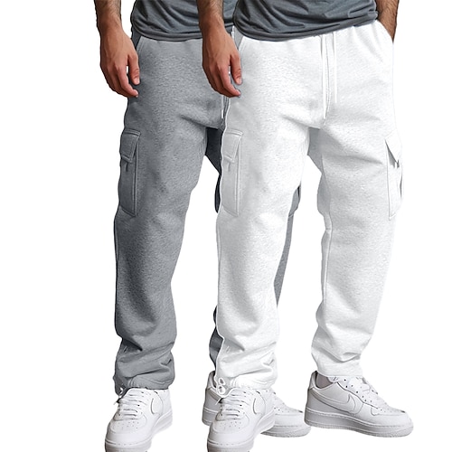 Herren Cargo-Jogginghose Fleecehose Jogginghose Hose Gerade geschnittene Sweatpants Kordelzug Elastischer Bund Mehrere Taschen Einfarbig Warm Feuchtigkeitsableitend Volle Länge Lässig Täglich Laufen Image