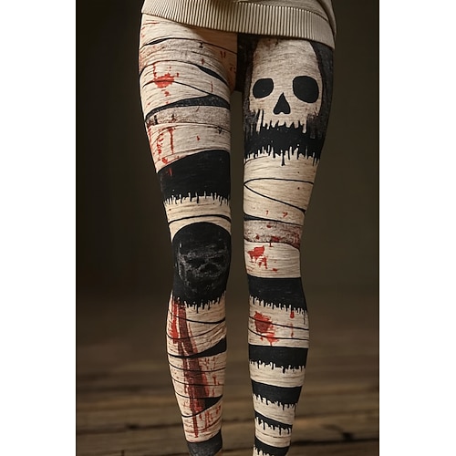 Frauen Leggings Urlaub Vintage Ethnischer Stil Voll Länge Hohe Taille Grafik Schädel 3D Druck Schnell trocknend Atmungsaktiv Weich Dehnbar Formal Im Freien Urlaub Schwarz Weiß Rot Herbst Slim Fit Image