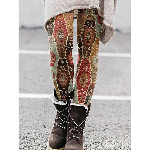 Damen Leggings Vintage Mode Streetwear Volle Länge Hohe Taille Grafik Geometrisches Muster Drucken Thermowarm Weich Atmungsaktiv Dehnbar Täglich Outdoor Urlaub Blau Gelb Braun Khaki Frühling Herbst Image