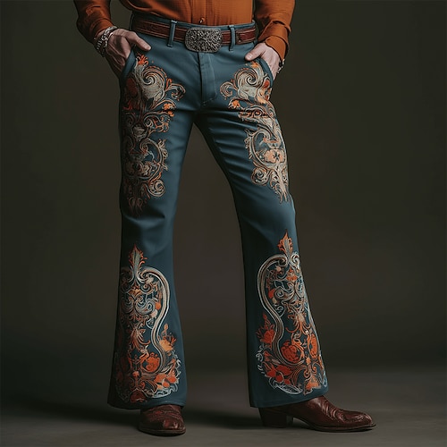 Herren Paisley-Muster Blumendruck Ethnisch Disco-Hosen 60er 70er Schlaghosen Mittlere Taille Western Vintage-Retro Outdoor Urlaub Lässig Seitentaschen Schlaghose Frühling Herbst 3D-Druck Blau Image