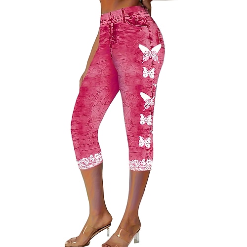 Damen Caprihose Leggings Urlaub Vintage Mode Wadenlang Mittlere Taille Blumen Grafik 3D-Druck Drucken Weich Atmungsaktiv Mikroelastisch Lässig Täglich Urlaub kleiner Finger Hellhimmelblau Dunkel Blau Image