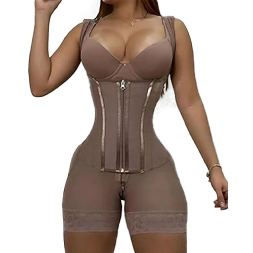 Damen Korsett Shapewear Taillenmieder Formende Unterwäsche Onesie Sexy Korsett Mode Sexy Einfarbig Reißverschluss Urlaub Straße Date Ärmellos U-Ausschnitt Schwarz Rosa Purpur Beige Frühling Herbst Image