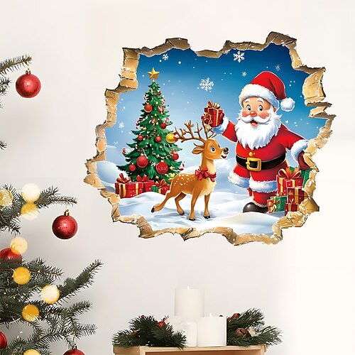 Weihnachtsaufkleber Wandtattoos kreative 3D gebrochene Wand Cartoon Weihnachtsmann abnehmbare Vinyl Wandbild Urlaub Party Wohnzimmer Büro Hintergrund Wanddekoration Home Festival Atmosphäre Image