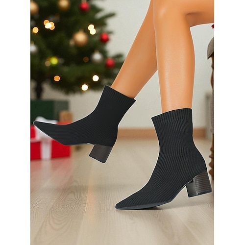 Beige Strick-Sockenstiefeletten für Damen mit Blockabsatz – Stretch-Stiefeletten mit spitzer Spitze für den lässigen Alltag und Herbst-Outfits Image