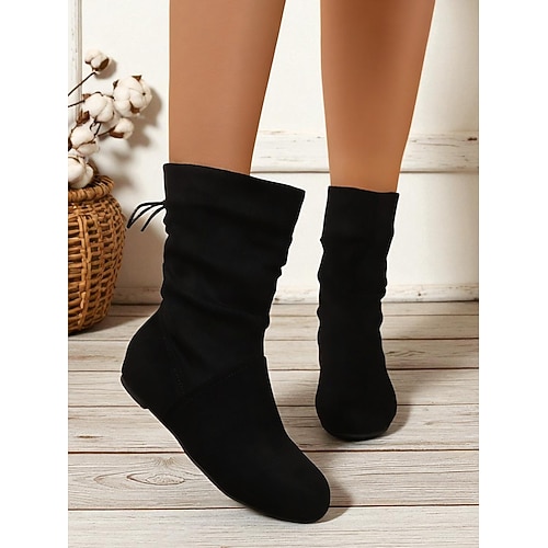 Mandelförmige Damenstiefel mit halbhoher Schafthöhe – flache Schlupfstiefel aus Wildlederimitat für Freizeitkleidung und Alltagsoutfits Image