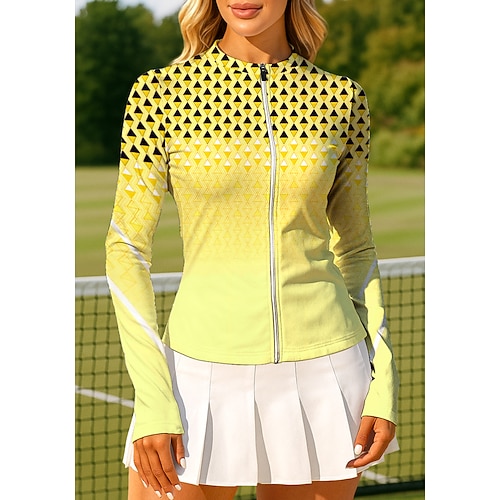 Damen Geometrisch Farbverlauf Oberteile Sporthemd Tennis Shirt Tennistop Langarm Reißverschluss Blumen UPF50 UV-beständig Hohe Elastizität Feuchtigkeitsableitend Atmungsaktiv Volleyball Tennis Image