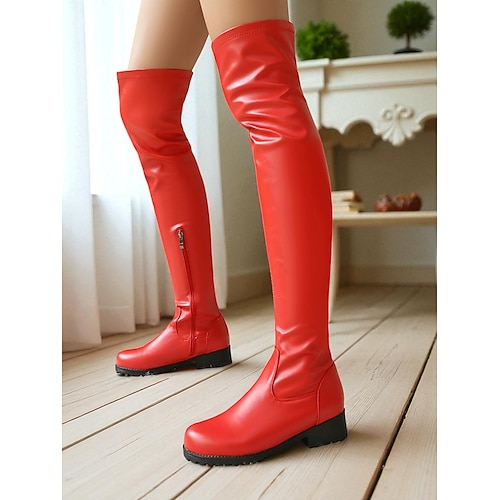 Rote Overknee-Stiefel für Damen – Overknee-Stiefel aus Kunstleder mit flachem Absatz und seitlichem Reißverschluss für Cosplay, Kostümpartys und Weihnachts-Streetwear Image