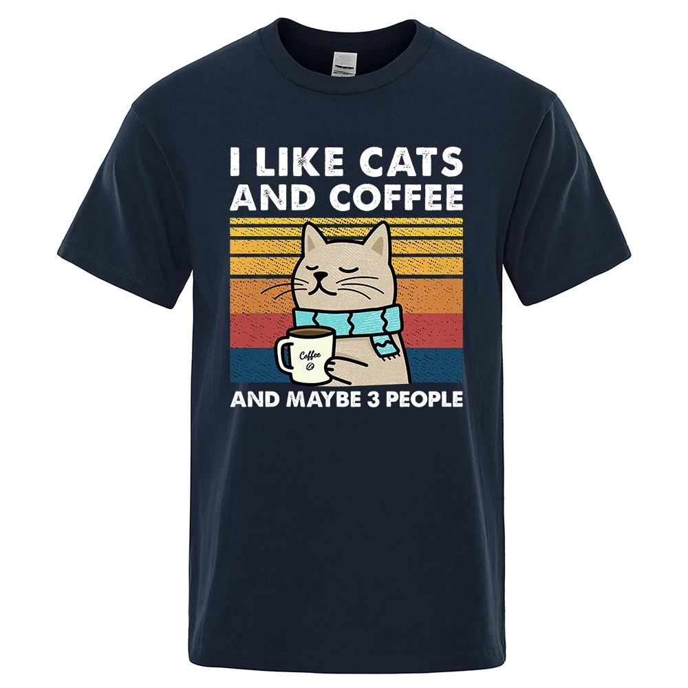 Ich mag Katzen und Kaffee Straße Lustiges T-Shirt für Männer Mode Lässige lose Baumwollkleidung O-Ausschnitt Atmungsaktives T-Shirt Hip Hop T-Shirts Image