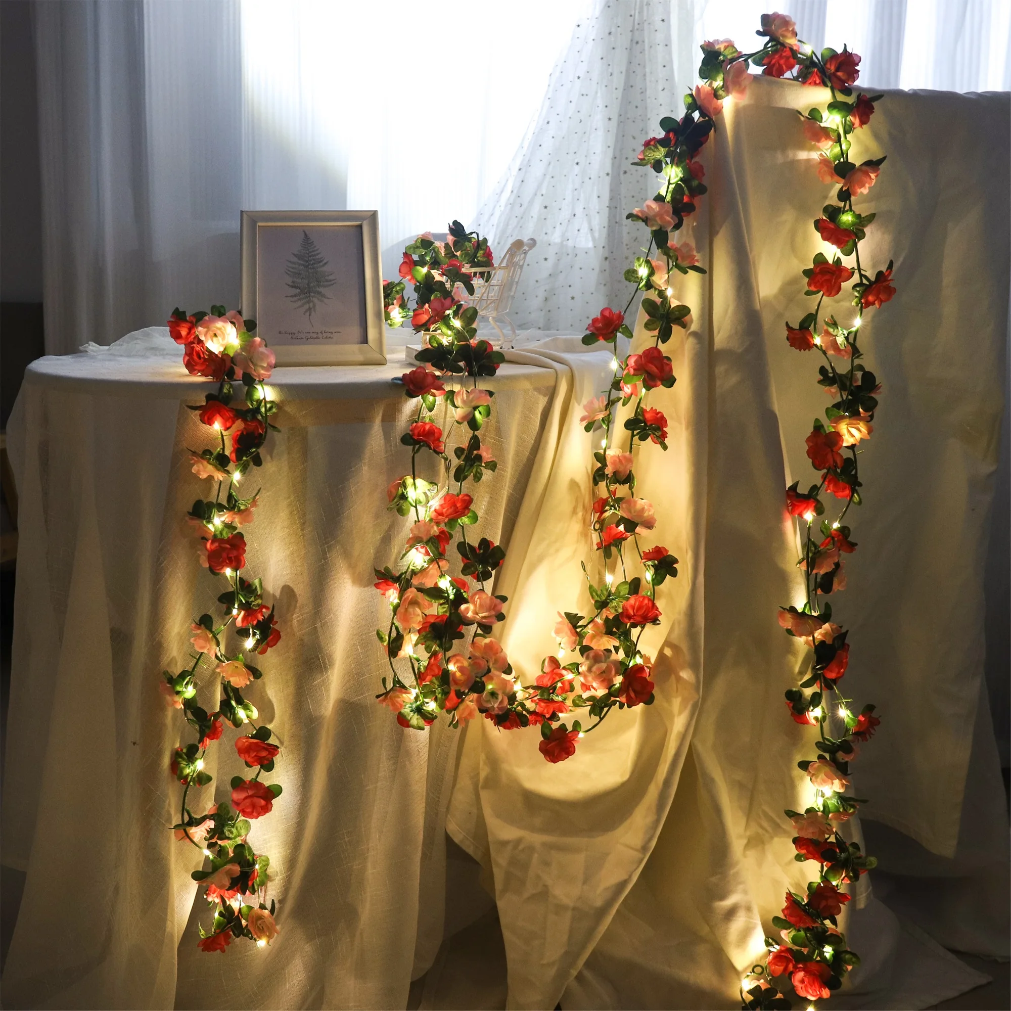 Rose Flower Vine String Lights Artificial Flower Ivy Leaves LED Lights Wedding Garland Arch Hanging Wall Home Garden Decoration