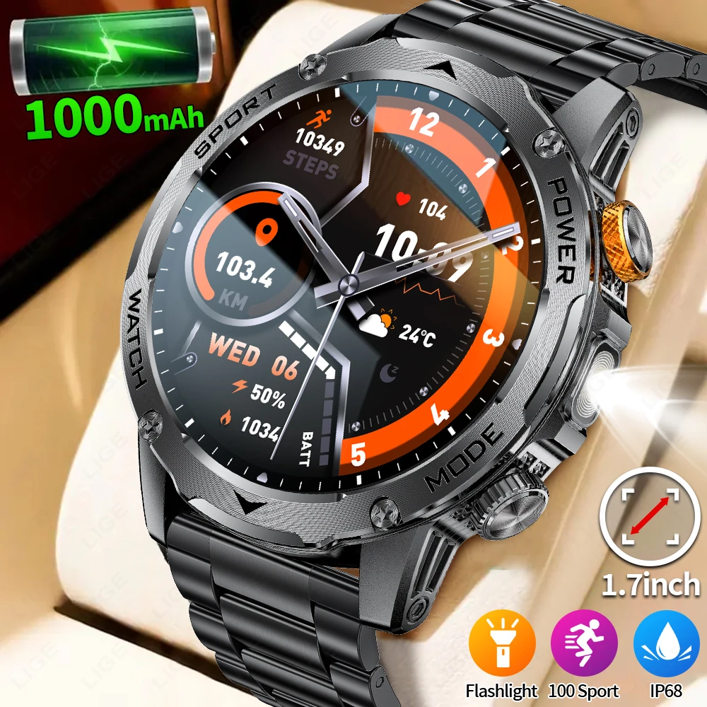LIGE 2025 Outdoor Military Smart Uhr Männer GPS Track Wasserdicht 1000 mAh Gesundheit Sport Fitness Armband LED Taschenlampe Smartwatch Image