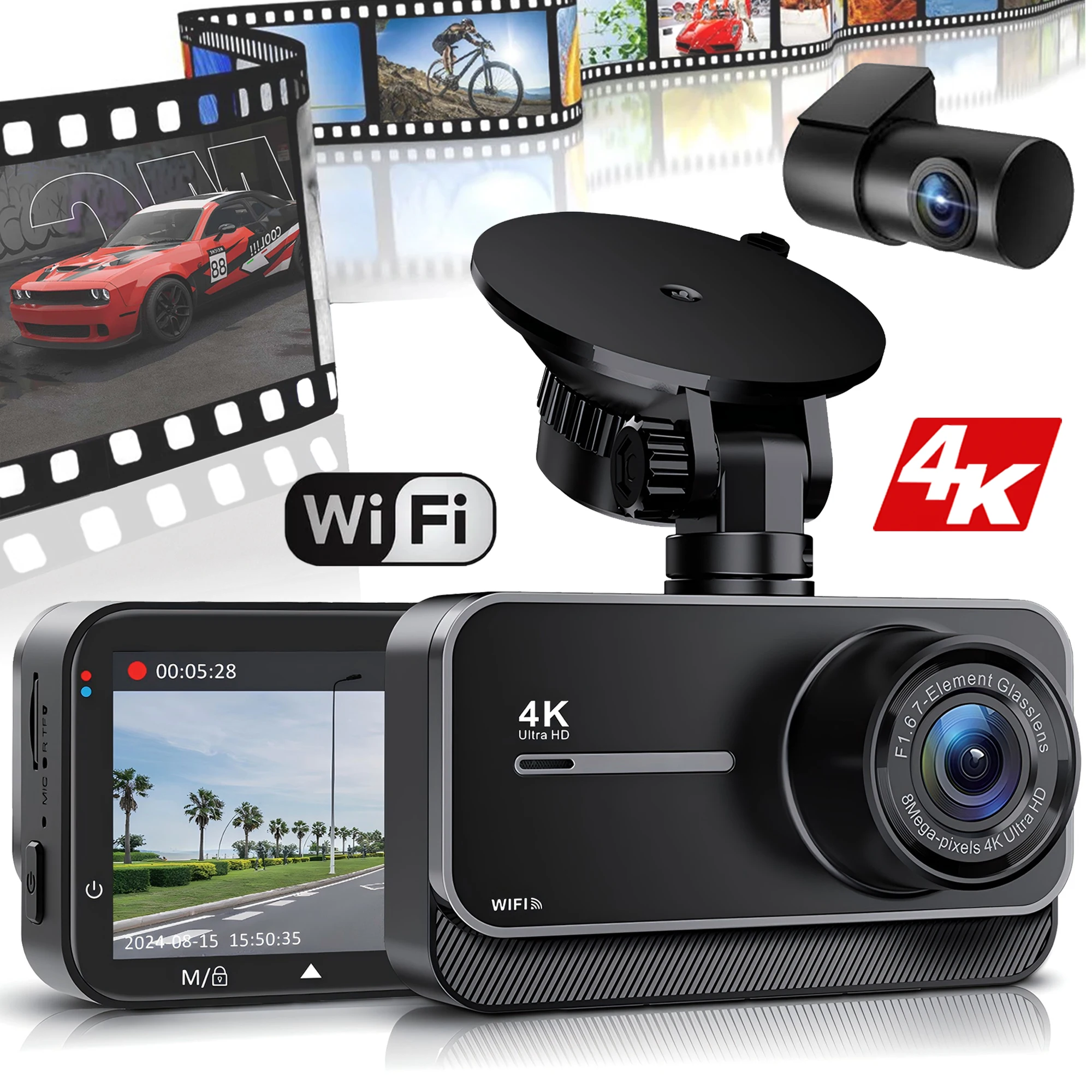 4K Dash Cam für Autos Auto Kamera Dash Cam WIFI Kamera für Auto Vorne und Hinten Dash Kamera Black Box 24H Parkmodus Recorder
