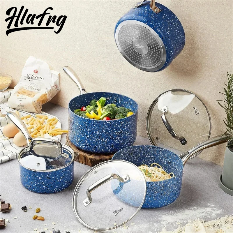 HLAFRG 3 Stück/Set Premium-Topf, langlebig, Granitbeschichtung, Suppentopf, Heimmilchtopf mit Glasdeckel für Induktionsherd, Küchenutensilien Image