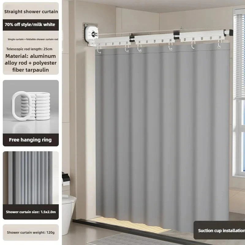 Badezimmer faltbarer Duschvorhang ohne Bohren, wasserdichte Stoff-Duschvorhänge mit Saugnapf, verstellbare Spannstange