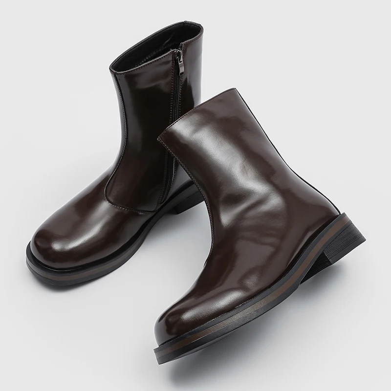 Mid-Top-Chelsea-Stiefel für Herren, einfarbig, runde Zehenpartie, seitlicher Reißverschluss, lässig, modisch, schlicht, Motorrad-Herrenstiefel Image