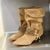 Herbst Winter Schuhe Street Fashion Metall Schnalle Frauen Mittlere Waden Stiefel Vintage Spitz Niedrigen Dünnen Absätzen Western Booties