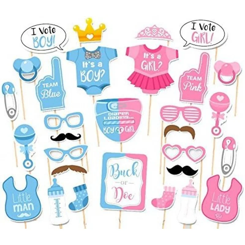 30PCS Baby Shower Gender Reveal Party Boy or Girl Photo Booth Props