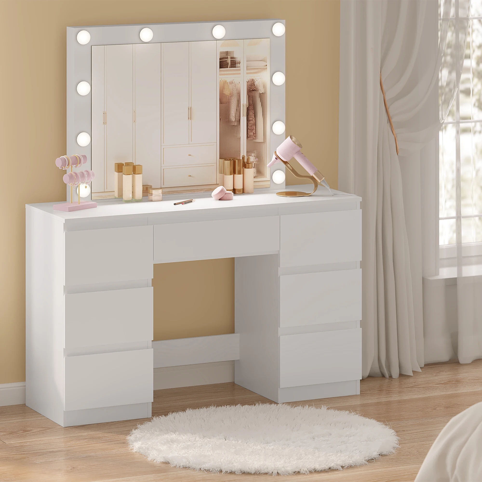 WOLTU Schminktisch für Mädchen/Damen, Schminktisch, Kommode mit großem Spiegel, 7 Schubladen, Schminktisch mit LED-Leuchten, Ladebuchse