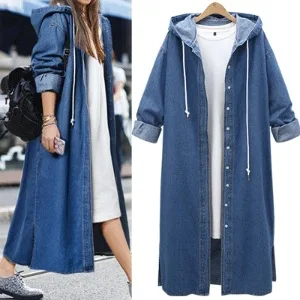 Denim-Windbreaker-Mantel für Damen, mit Kapuze, lange Jacke, Oberbekleidung, einreihig, Kordelzug, gewaschen, Streetwear-Mantel, Herbst 2025, Image