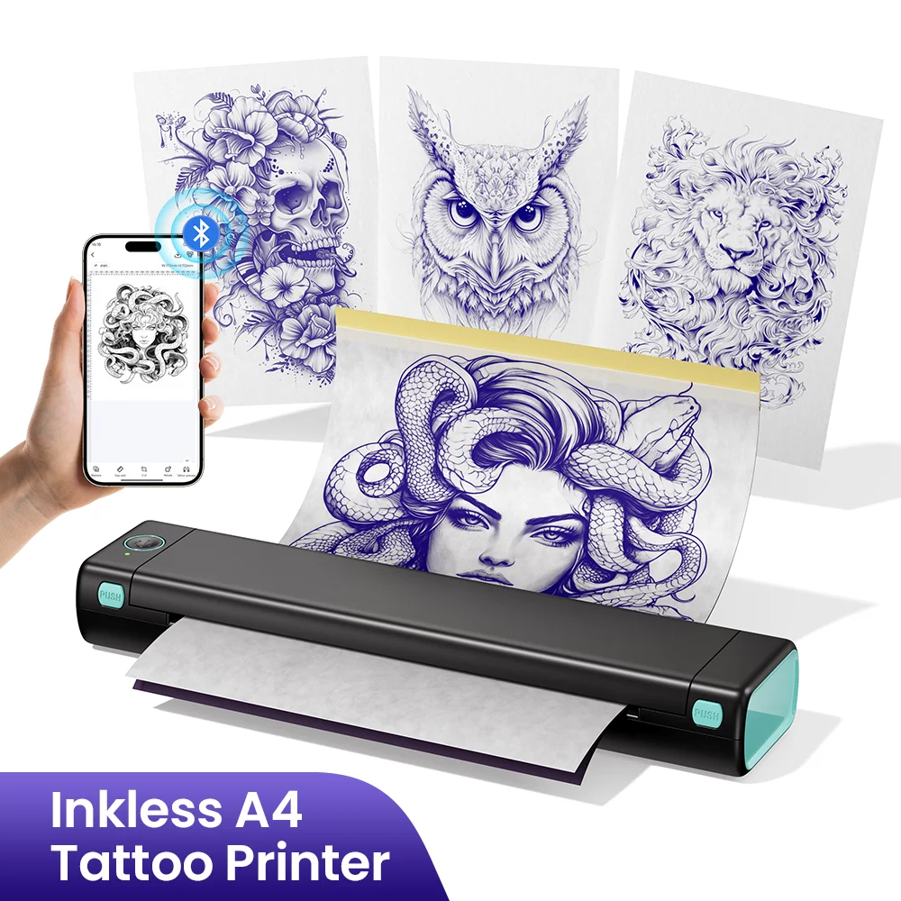 M08F Tattoo-Schablonen-Etikettendrucker mit 10 Tattoo-Papier, kabellose Druckermaschine zum Tätowieren oder Tätowierer und Anfänger Image