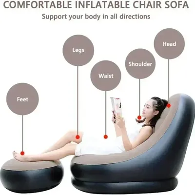 Lazy Inflatable Sofa PVC Flocking Foldable Recliner Outdoor Convenient Lying Chair with Footstool Plush Sofa Beach Park Air Bed
