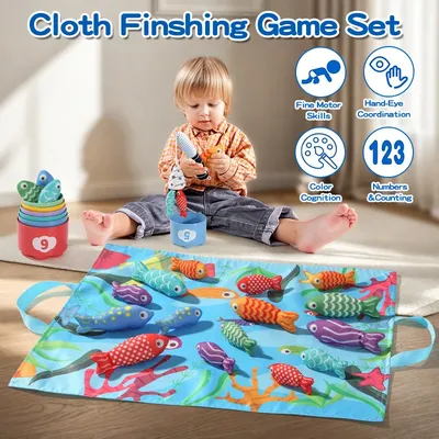 Cloth Fishing Game Early Education Interactive Toy Stacking Cups Color Shape Learning(18Pcs fish/6Pcs cups/2Pcs Fishing rod)