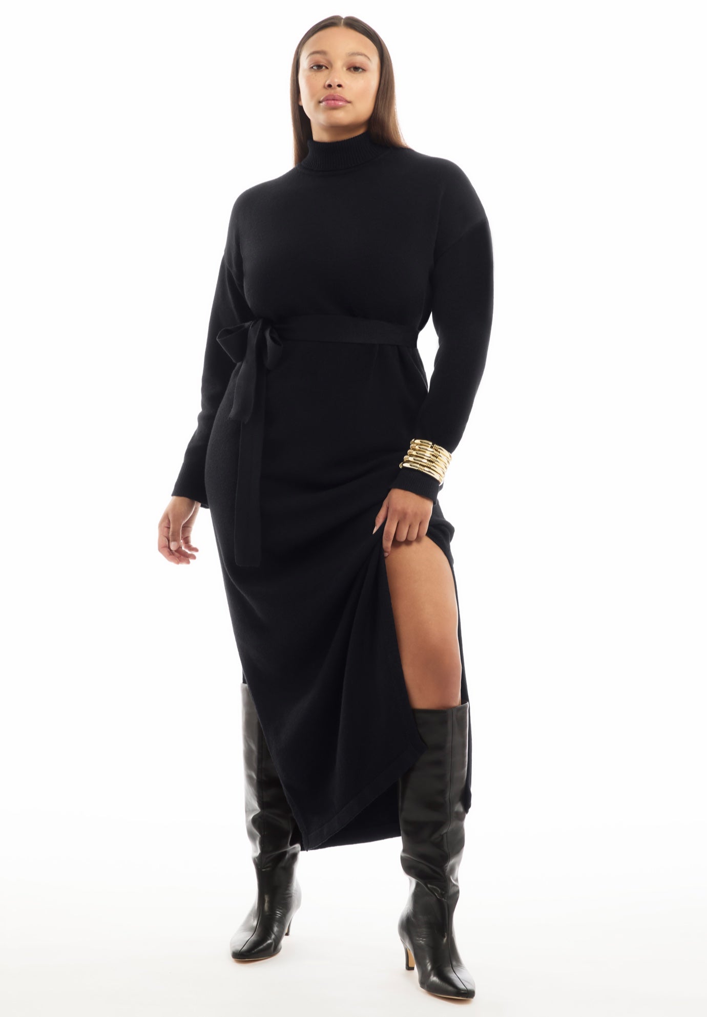 Plus Size Women's Turtleneck Sweater Dress by June & Vie in Black Onyx (Size 26/28)
