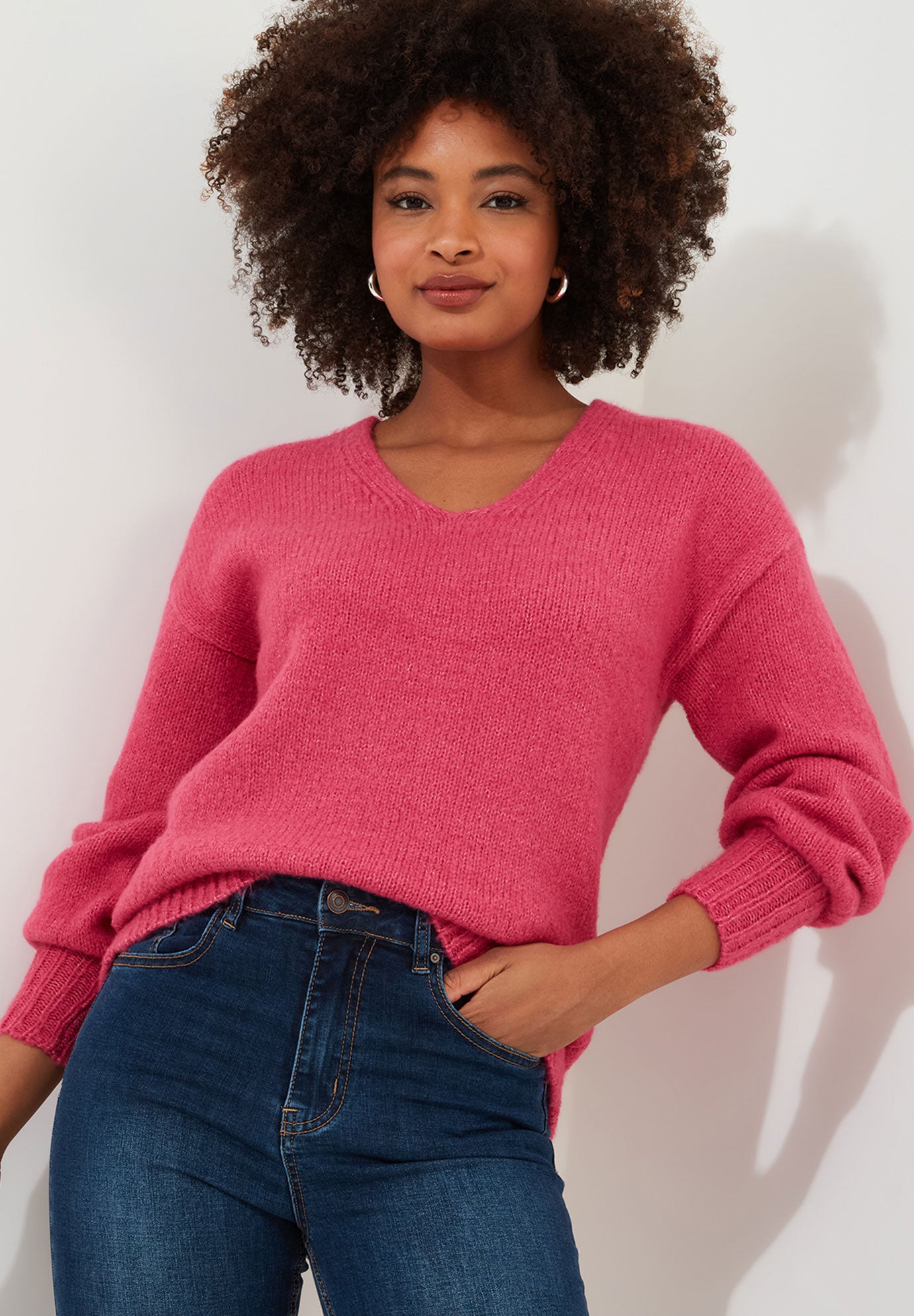 Plus Size Women's Cozy V-Neck Pullover Sweater by Joe Browns in Hot Pink (Size M)
