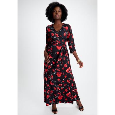 Plus Size Women's Stretch Knit Faux Wrap Maxi Dress by The London Collection in Black Red Poppies (Size 30 W)