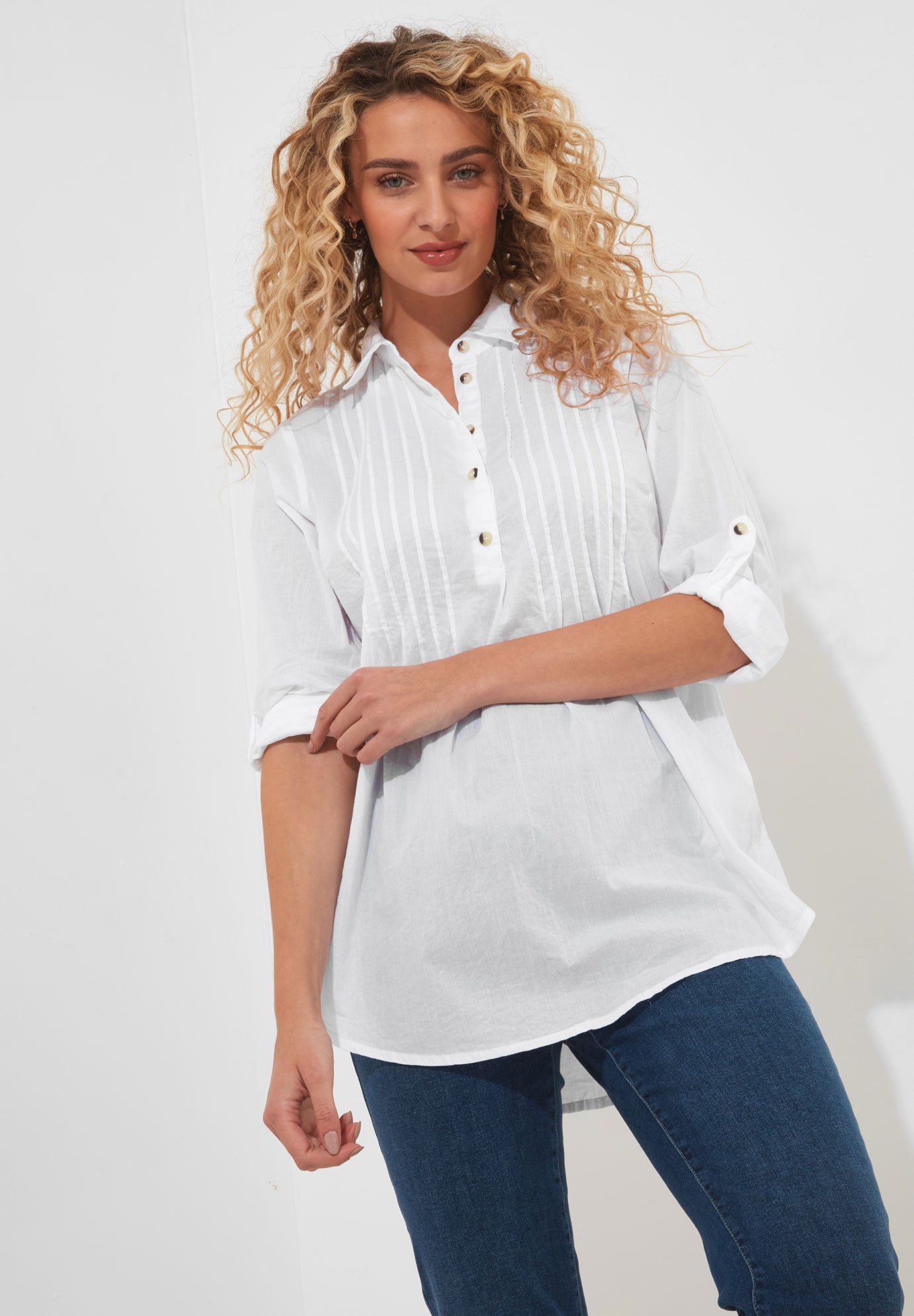 Plus Size Women's Cotton Pintuck Tunic by Joe Browns in White (Size 32 W)