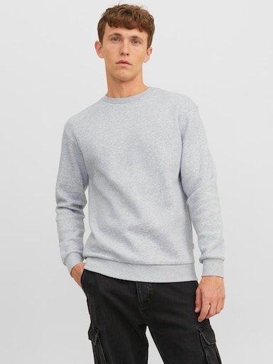 Sweatshirt JACK & JONES "JJEBRADLEY mit Rippbündchen für Alltag und Freizeit", Herren, Gr. S, grau (light grau melange), angeraute Sweatware, Obermaterial: 61% Polyester, 39% Baumwolle, meliert, relaxed fit normal, Rundhals, Rippbündchen,...