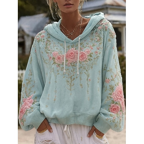 Felpa con cappuccio vintage boho 3D stampata per donna felpa patchwork felpa con cappuccio floreale felpa a maglione elegante attiva maniche lunghe cappuccio abbigliamento quotidiano da strada casual