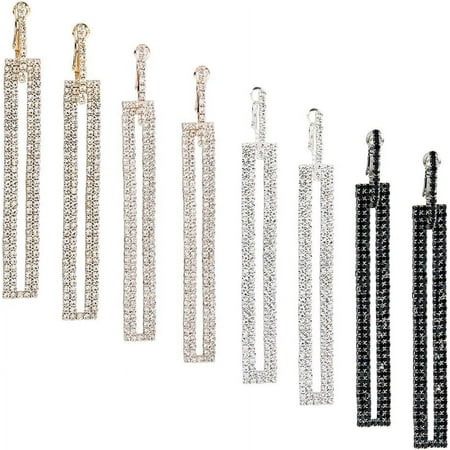 4 Colors Geometric Rhinestone Dangle Earrings 4 Pairs Large Metal Rectangle Earrings Statement Long Drop Earrings Hollow Square Hoop Earrings Thin Flat Pierced Earrings for Women Ladies Colorful