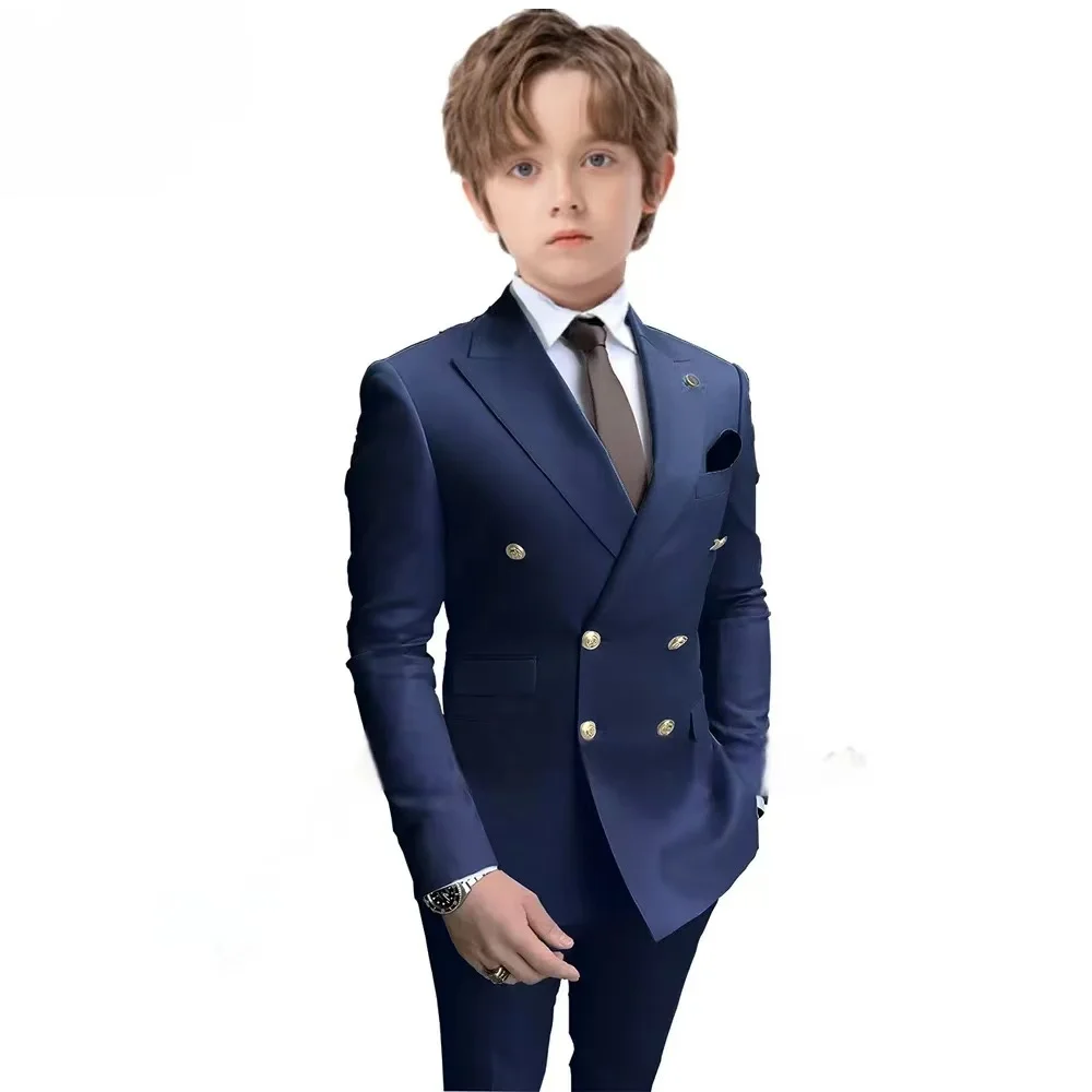 2025 Neuer marineblauer 2-teiliger Anzug für Jungen, zweireihiger Blazer für Kinder, Hochzeit, Smoking, Jacke, Hose, formelle Kinderkleidung, 2–16 Jahre alt Image