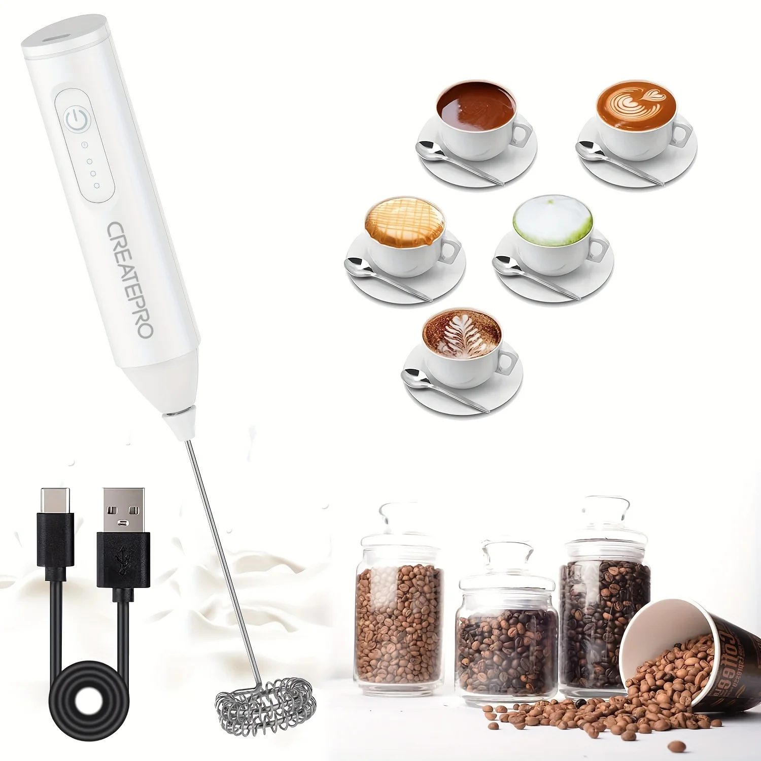 Drahtloser Milchaufschäumer, elektrischer Typ-C-Handmixer, Mini-Kaffeemaschine aus Edelstahl, Schneebesen, Mixer für Kaffee, Cappuccino, Creme Image