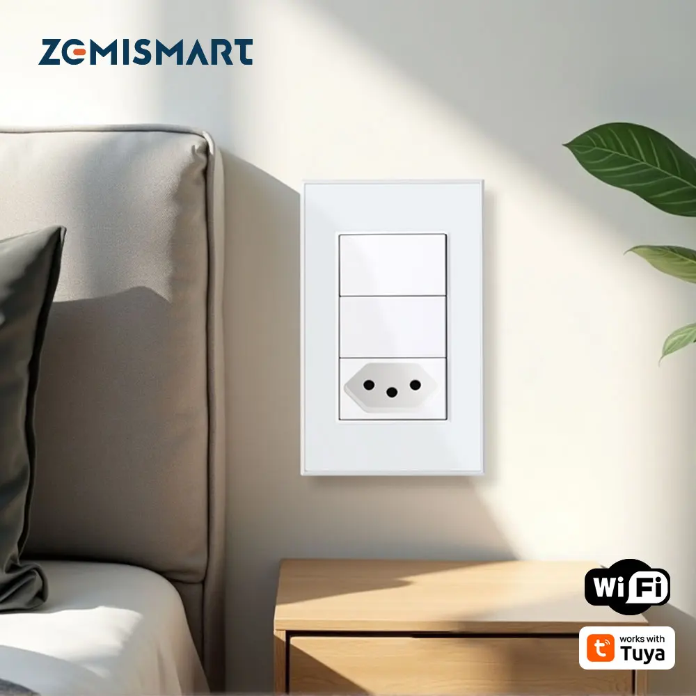 Zemismart WiFi Brasilien Steckdose mit Push-Lichtschalter Funktioniert mit Tuya Brasilianischer Steckdosenschalter Alexa Google Home Sprachsteuerung Image