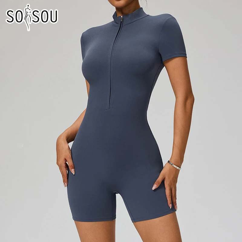 SOISOU Zipper Overall Frauen Kurzen Ärmeln Kleidung Sportswear Frau Gym Yoga Sport Sets Nylon Workout Sets Frauen Trainingsanzug Image