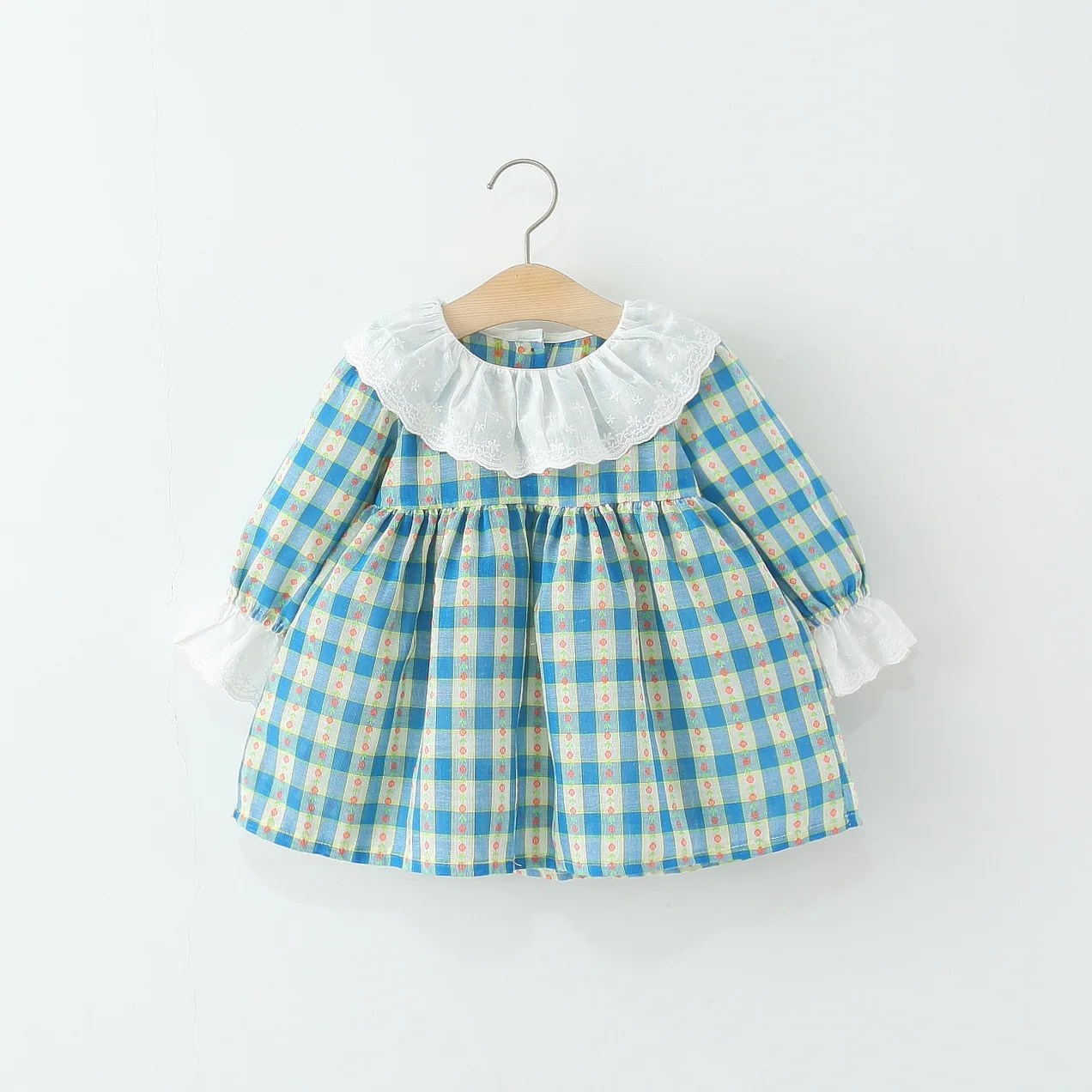 9 Monate bis 4 Jahre alt, Frühling und Herbst, neues kariertes kleines rotes Blumen-Babykleid für Mädchen, weiße Kinderkleidung mit Blütenblattkragen Image