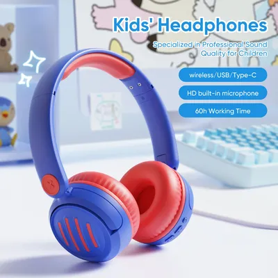 Wireless Kids Headphones - 85dB Volume Limit, Hearing Protection, Clear Sound, Lightweight High-Elastic Material for Comfort.BLU