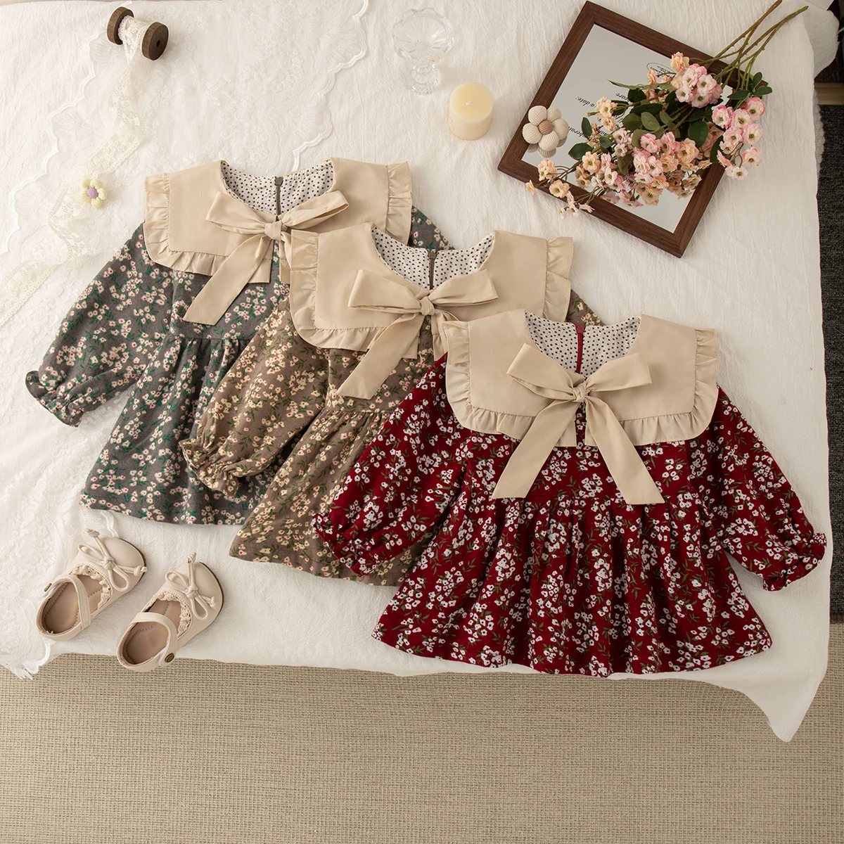 Koreanische Vintage Floral Baby Kleid Puppe Kragen Baumwolle Langarm Kleinkind Baby Mädchen Täglichen Outfit Image
