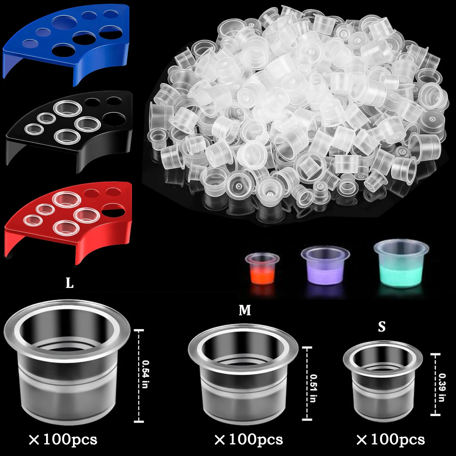 Tattoo-Tintenkappen-Set – 300 Stück SML Tattoo-Tintenbecher in verschiedenen Größen mit Tintenkappenhaltern, Einweg-Pigmentkappen aus Kunststoff, Tatoo-Zubehör Image